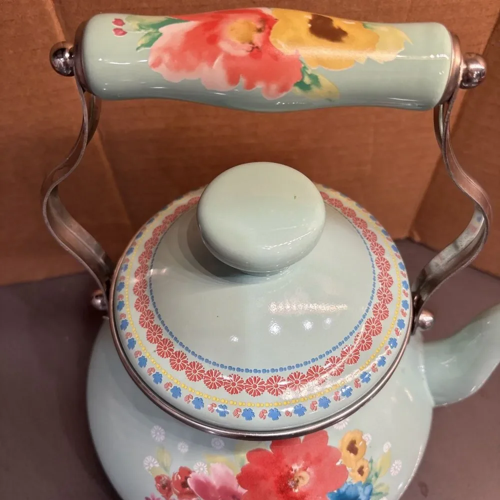 Teapot Pioneer Woman Breezy Blossom Enamel Steel 1.9 Qt Stovetop Tea Kettle - Picture 3 of 16